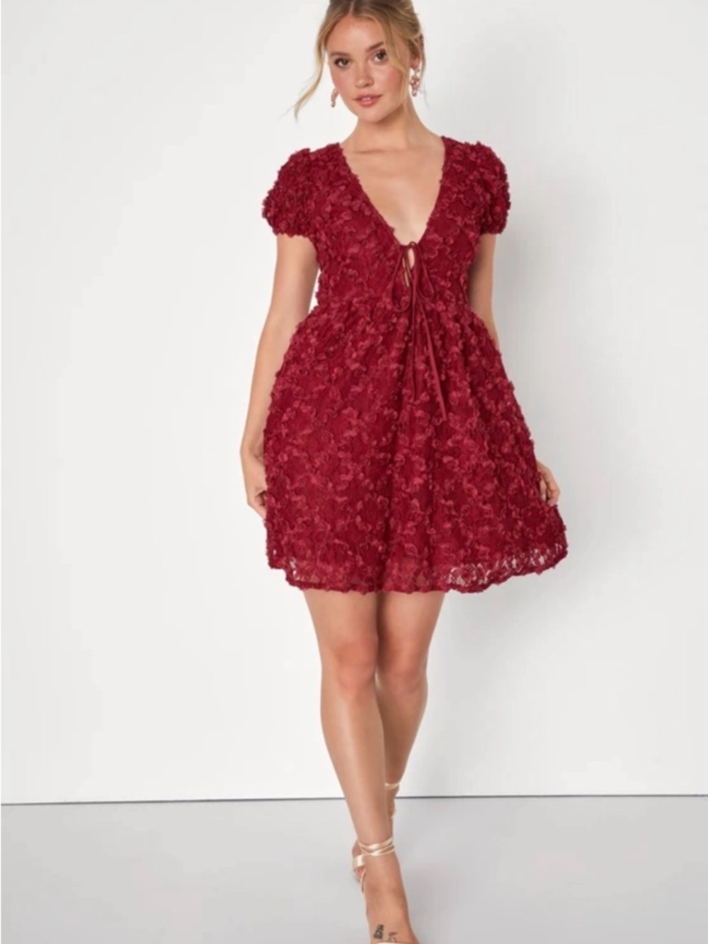 Lulus Elegant Delight Wine Red 3D Floral Lace Puff Sleeve Mini Dress Size S -